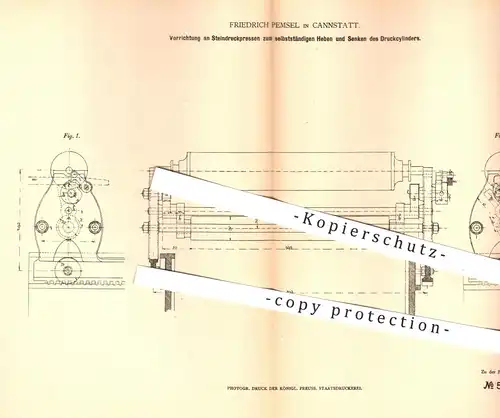 original Patent - F. Pemsel , Cannstatt , 1878 , Heben u. Senken vom Druckzylinder an Steindruckpresse | Pressen , Druck