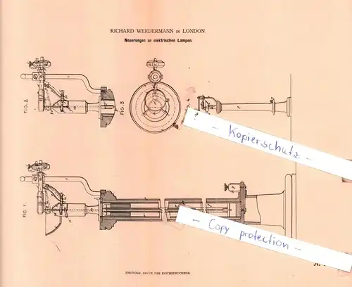 original Patent - Richard Werdermann in London , 1879 , Neuerungen an elektrischen Lampen !!!