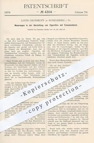 original Patent - Louis Grosskopf , Königsberg , Preußen , 1878 , Herstellung von Zigaretten mit Tabakdeckblatt | Tabak