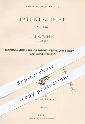original Patent - J. H. C. Wipper , Hamburg , 1879 , manueller Treibmechanismus für Fuhrwerke | Antrieb , Wagenbau !!!