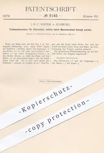 original Patent - J. H. C. Wipper , Hamburg , 1879 , manueller Treibmechanismus für Fuhrwerke | Antrieb , Wagenbau !!!