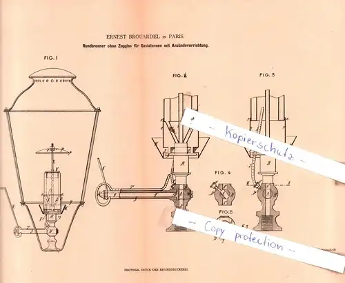 original Patent - Ernest Brouardel in Paris , 1880 , Rundbrenner ohne Zugglas für Gaslaternen !!!