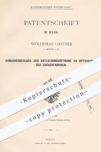 original Patent - Woldemar Greiner , Halle / Saale , 1879 , Konusverschluss der Entleerungsöffnung am Diffuseur | Zucker