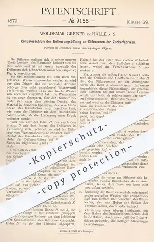 original Patent - Woldemar Greiner , Halle / Saale , 1879 , Konusverschluss der Entleerungsöffnung am Diffuseur | Zucker