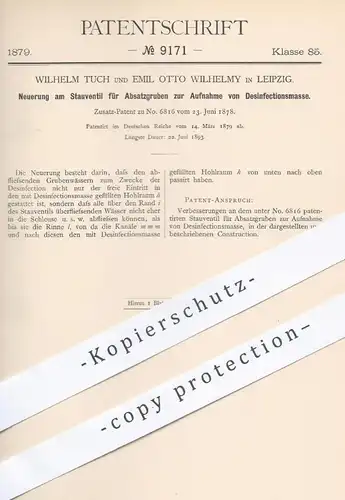 original Patent - W. Tuch u. Emil O.Wilhelmy , Leipzig , 1879 , Stauventil für Absatzgruben | Ventil , Ventile , Wasser