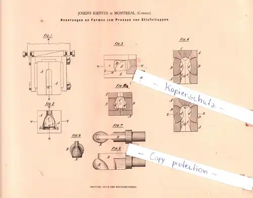 original Patent - J. Kieffer in Montreal , Canada , 1880 ,  Neuerungen an Formen zum Pressen von Stiefelkappen !!!