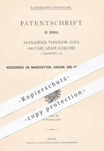 original Patent - A. Th. Goll u. C. A. Schlund , Frankfurt / Main , 1878 , Manschettenknöpfe , Knöpfe für Hemden | Knopf