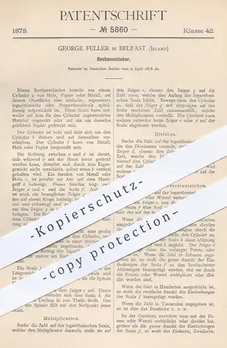 original Patent - George Fuller in Belfast , Irland , 1878 , Rechenschieber | Mathematik , Rechnen , Schule , Lehrer !!