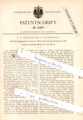 original Patent - L. A. Riedinger in Augsburg , 1880 , Selbstregulirender Kesselspeiseapparat !!!