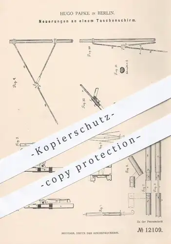 original Patent - Hugo Papke in Berlin , 1880 , Taschenschirm | Schirm , Schirme , Regenschirm , Sonnenschirm !!!
