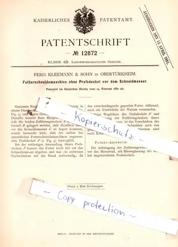 original Patent - Ferd. Kleemann & Sohn in Obertürkheim , 1880 ,  Futterschneidemaschine !!!