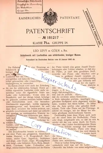 original Patent -  Leo Levy in Cöln a. Rh. , 1906 , Schuhwerk mit Laufsohlen aus erhärtender, breiiger Masse !!!