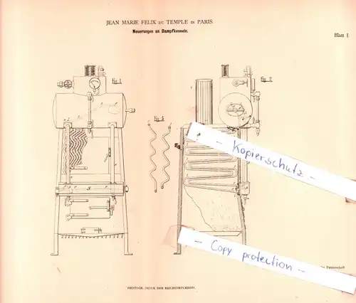 original Patent - Jean Marie Felix du Temple in Paris , 1880 , Neuerungen an Dampfkesseln !!!