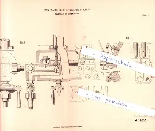 original Patent - Jean Marie Felix du Temple in Paris , 1880 , Neuerungen an Dampfkesseln !!!