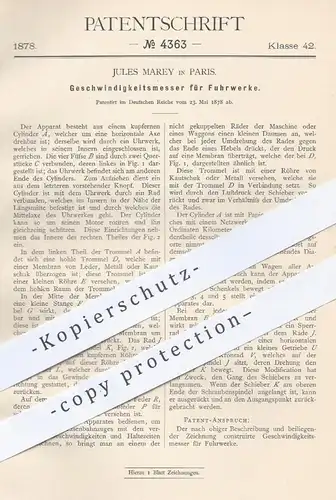 original Patent - Jules Marey , Paris , 1878 , Geschwindigkeitsmesser für Fuhrwerke | Uhrwerk Tachometer Geschwindigkeit