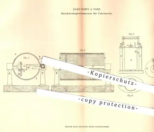 original Patent - Jules Marey , Paris , 1878 , Geschwindigkeitsmesser für Fuhrwerke | Uhrwerk Tachometer Geschwindigkeit