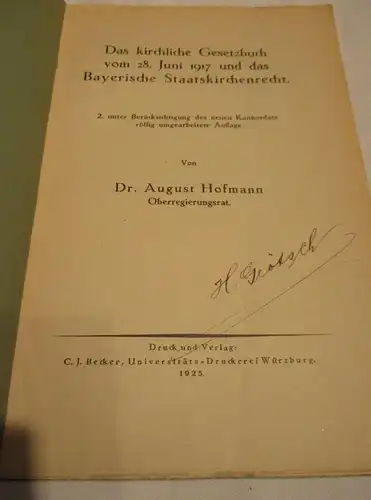 Bayerisches Staatskirchenrecht 1917 , Dr. August Hofmann , Oberregierungsrat , Würzburg , 53 Seiten , Kirche ,Bayern !!!