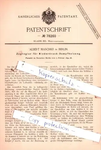 Original Patent  - Albert Maschke in Berlin , 1894 , Zugregler für Niederdruck-Dampfheizung !!!