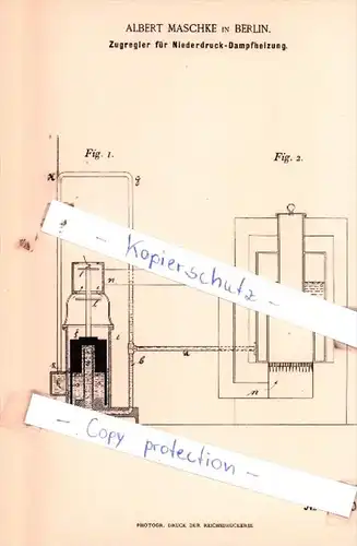 Original Patent  - Albert Maschke in Berlin , 1894 , Zugregler für Niederdruck-Dampfheizung !!!