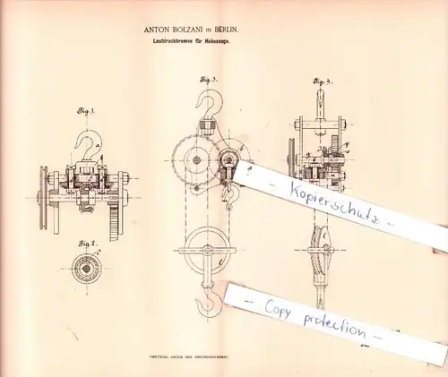 Original Patent  - Anton Bolzani in Berlin , 1894 , Lastdruckbremse für Hebezeuge !!!