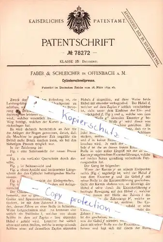 Original Patent  - Faber & Schleicher in Offenbach a. M. , 1894 , Cylinderschnellpresse !!!