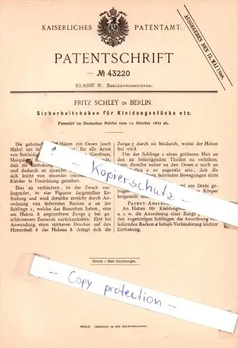 Original Patent  - Fritz Schley in Berlin , 1887 , Sicherheitshaken für Kleidungsstücke !!!