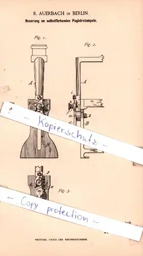 Original Patent  - R. Auerbach in Berlin , 1886 ,  Neuerung an Paginirstempeln !!!