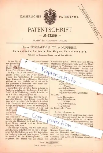 Original Patent  -  Firma Beissbarth & Co. in Nürnberg , 1887 , Elektrische Apparate !!!