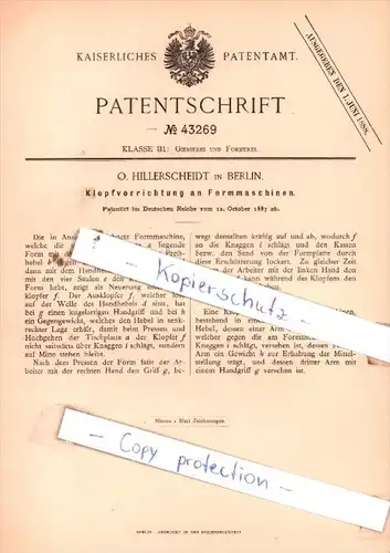 Original Patent  - O. Hillerscheidt in Berlin , 1887 , Klopfvorrichtung an Formmaschinen !!!