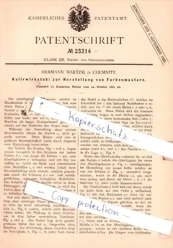 Original Patent  - Hermann Martini in Chemnitz , 1882 , Flecht- und Strickmaschinen !!!