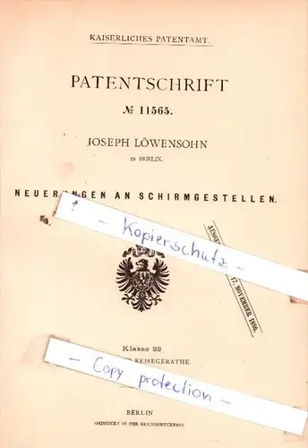 Original Patent  - Joseph Löwensohn in Berlin , 1880 , Neuerungen an Schirmgestellen !!!