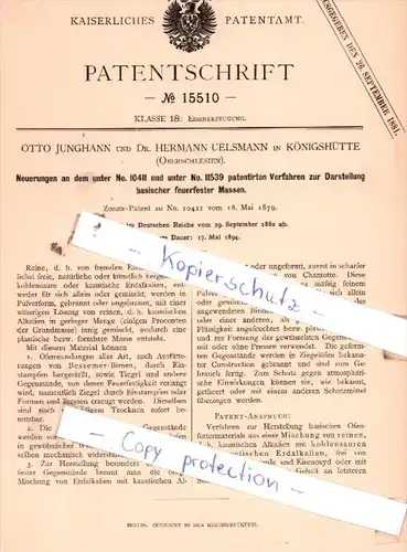 Original Patent  - O. Junghann und Dr. H. Uelsmann in Königshütte , 1879 , Eisenerzeugung !!!