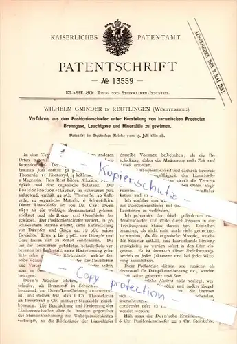Original Patent  - W. Gminder in Reutlingen , Württemberg , 1880 , Steinwaaren-Industrie !!!