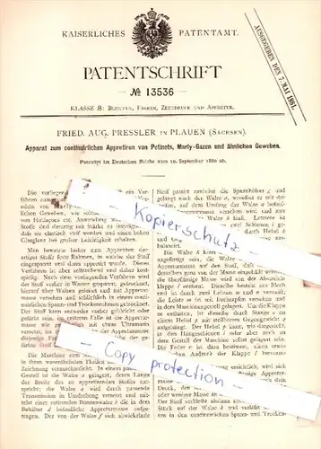Original Patent  - Frid. Aug. Pressler in Plauen , Sachsen , 1880 , Bleichen, Färben, Zeugdruck !!!
