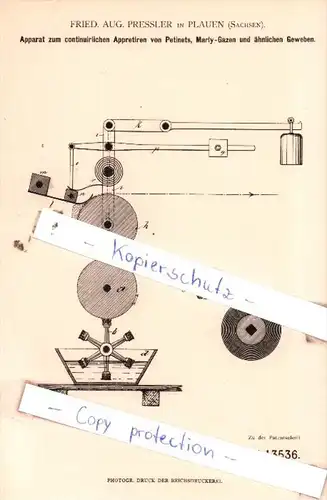 Original Patent  - Frid. Aug. Pressler in Plauen , Sachsen , 1880 , Bleichen, Färben, Zeugdruck !!!