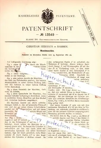 Original Patent  - Christian Herhaus in Barmen , 1880 , Washmaschine !!!