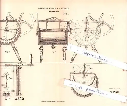 Original Patent  - Christian Herhaus in Barmen , 1880 , Washmaschine !!!