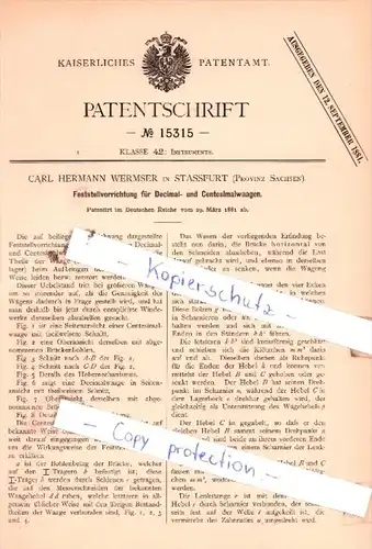 Original Patent  -  Carl Hermann Wermser in Stassfurt , Provinz Sachsen , 1881 , Instrumente !!!
