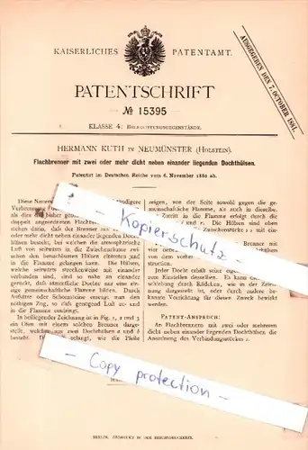 Original Patent  - Hermann Kuth in Neumünster , Holstein , 1880 , Beleuchtungsgegenstände !!!