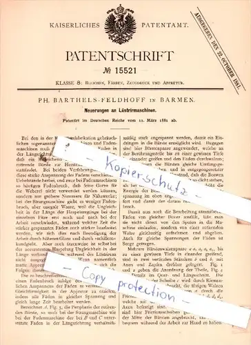 Original Patent  - Ph. Bartels-Feldhoff in Barmen , 1881 , Neuerungen an Lüstrirmaschinen !!!