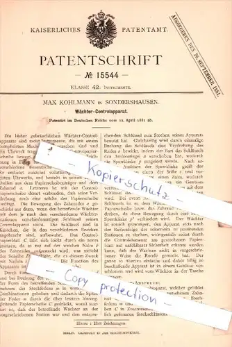 Original Patent  -  Max Kohlmann in Sondershausen , 1881 , Wächter-Controlapparat !!!