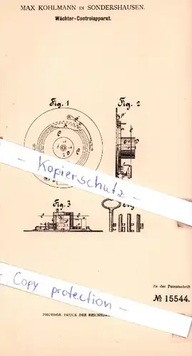 Original Patent  -  Max Kohlmann in Sondershausen , 1881 , Wächter-Controlapparat !!!