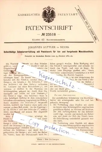 Original Patent  - Johannes Sattler in Neuss , 1882 , Schmiervorrichtung mit Pendelwerk !!!