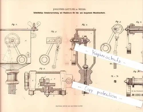 Original Patent  - Johannes Sattler in Neuss , 1882 , Schmiervorrichtung mit Pendelwerk !!!