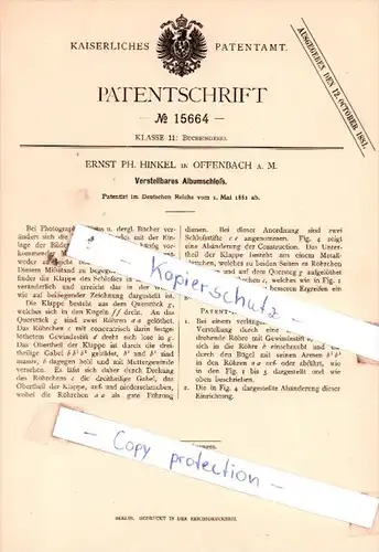 Original Patent  - Ernst Ph. Hinkel in Offenbach a. M. , 1881 , Verstellbares Albumschloß !!!