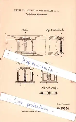 Original Patent  - Ernst Ph. Hinkel in Offenbach a. M. , 1881 , Verstellbares Albumschloß !!!