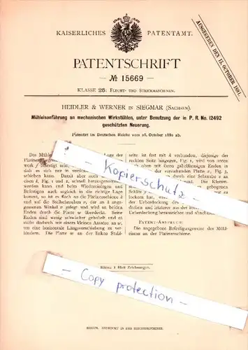 Original Patent  - Heidler & Werner in Siegmar , Sachsen , 1880 , Strickmaschinen !!!