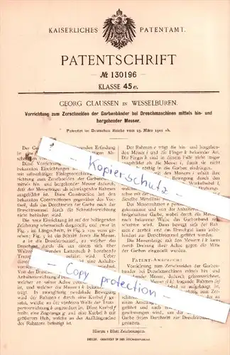Original Patent  - Georg Claussen in Wesselburen , 1901 , Zerschneiden der Garbenbänder !!!