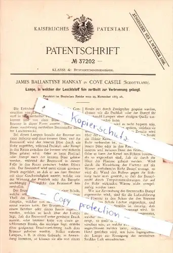 Original Patent  - James Ballantyne Hannay in Cove Castle , Schottland , 1885 , !!!