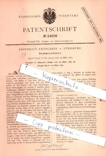 Original Patent  - Friedrich Fröscheis in Nürnberg , 1883 , Gummischoner !!!